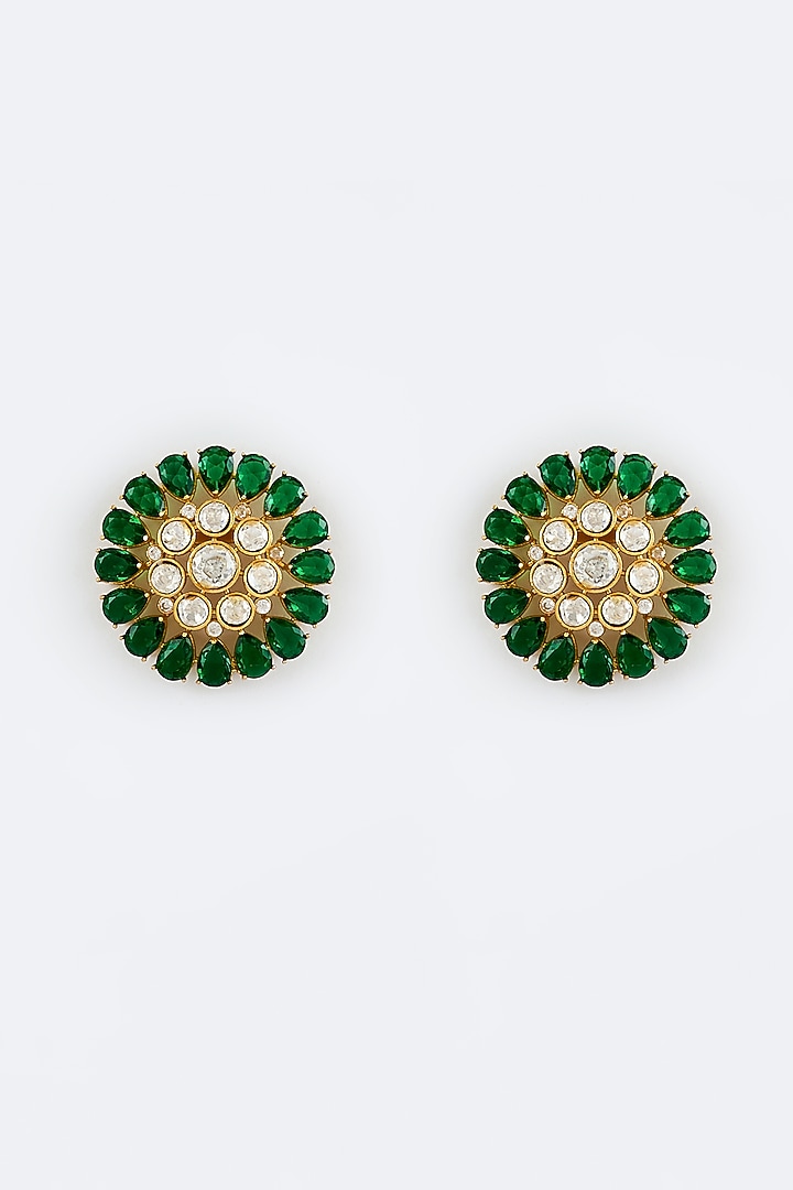 Gold Finish Moissanite Polki & Emerald Green Stone Stud Earrings by Vivinia By Vidhi Mehra at Pernia's Pop Up Shop