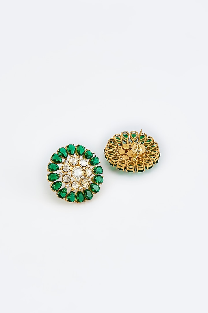 Gold Finish Moissanite Polki & Emerald Green Stone Stud Earrings by Vivinia By Vidhi Mehra at Pernia's Pop Up Shop