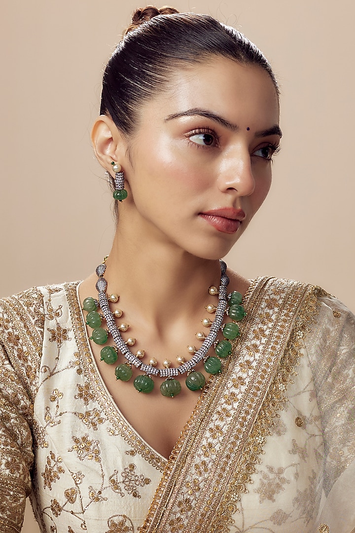 Gold Finish Zircon & Green Sapphire Synthetic Stone Necklace Set by Vivinia By Vidhi Mehra at Pernia's Pop Up Shop