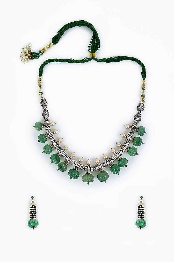 Gold Finish Zircon & Green Sapphire Synthetic Stone Necklace Set by Vivinia By Vidhi Mehra at Pernia's Pop Up Shop