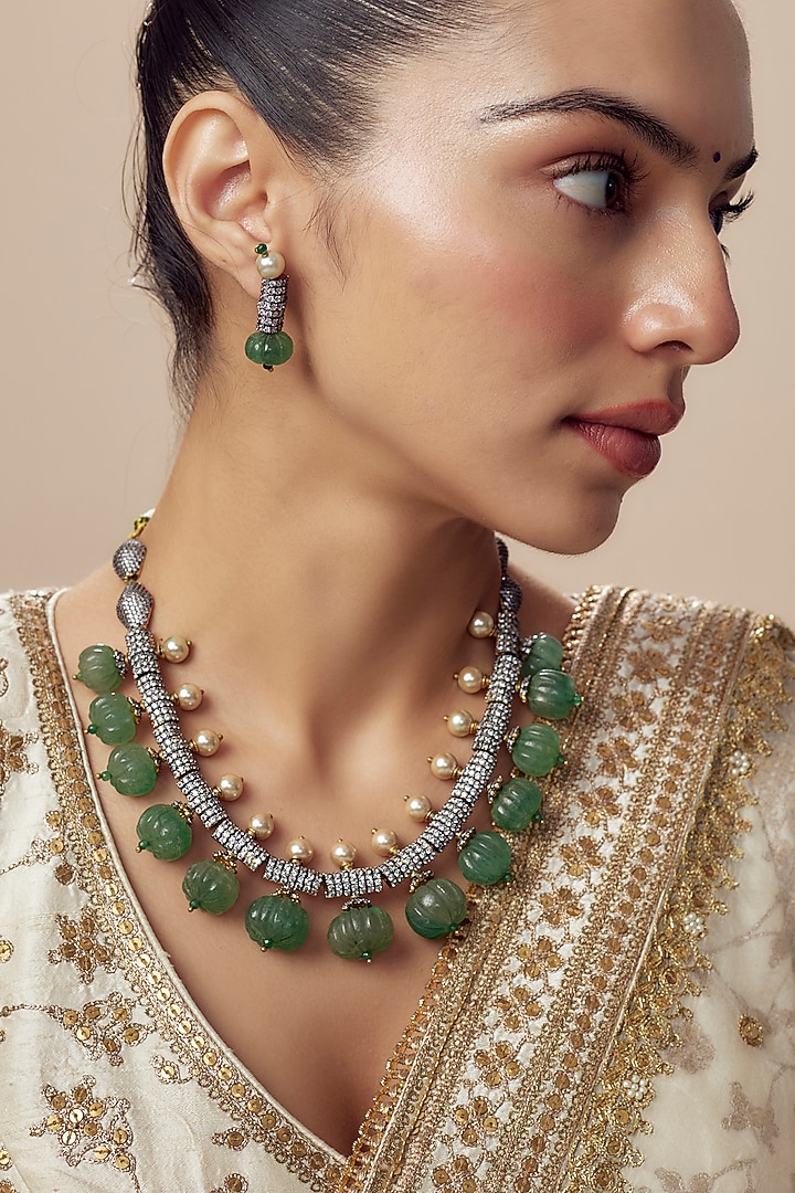 Gold Finish Zircon & Green Sapphire Synthetic Stone Necklace Set by Vivinia By Vidhi Mehra at Pernia's Pop Up Shop