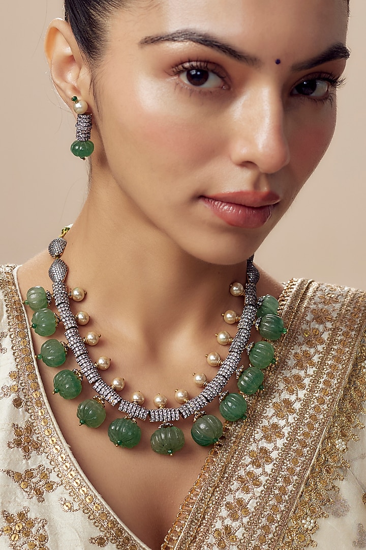 Gold Finish Zircon & Green Sapphire Synthetic Stone Necklace Set by Vivinia By Vidhi Mehra at Pernia's Pop Up Shop