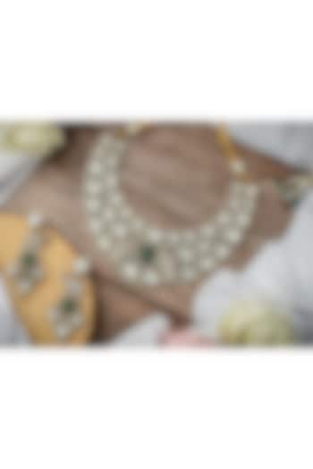 Gold Finish Kundan Polki & Green Gemstone Necklace Set by Vivinia By Vidhi Mehra at Pernia's Pop Up Shop