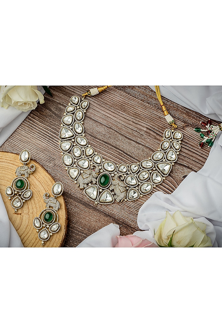 Gold Finish Kundan Polki & Green Gemstone Necklace Set by Vivinia By Vidhi Mehra at Pernia's Pop Up Shop