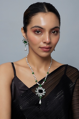 White Finish Zircon & Emerald Synthetic Stone Long Necklace Set by Vivinia By Vidhi Mehra