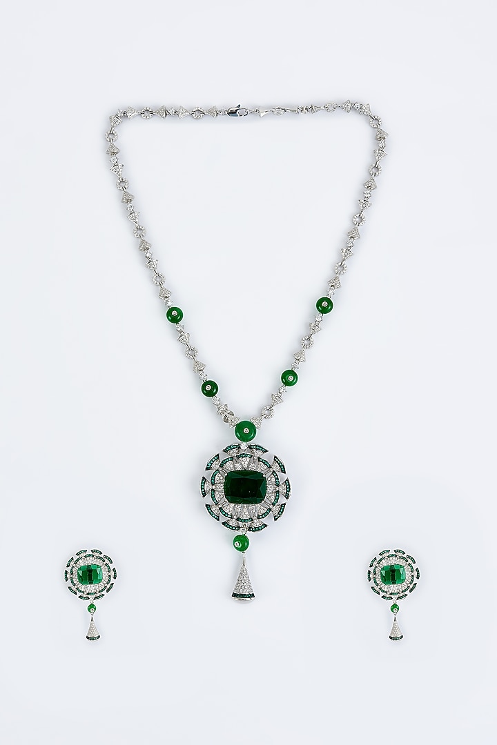 White Finish Zircon & Emerald Synthetic Stone Long Necklace Set by Vivinia By Vidhi Mehra at Pernia's Pop Up Shop