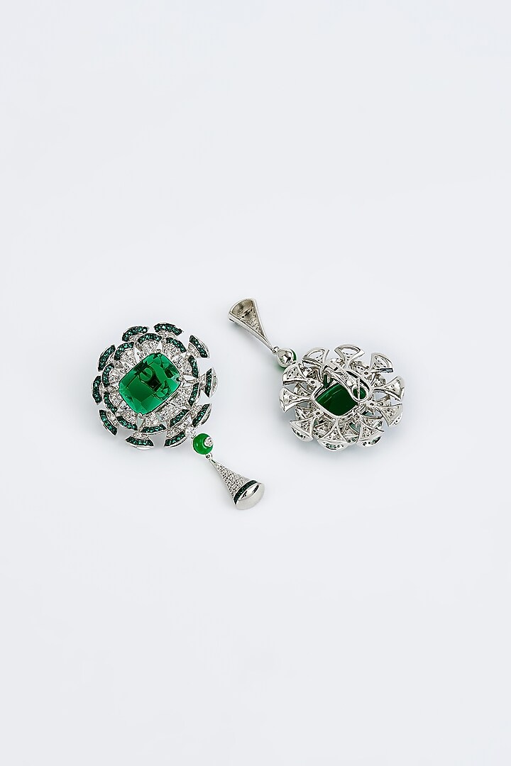 White Finish Zircon & Emerald Synthetic Stone Long Necklace Set by Vivinia By Vidhi Mehra at Pernia's Pop Up Shop