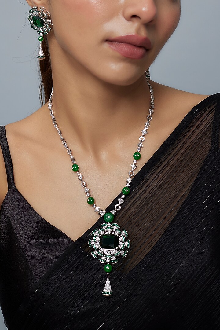 White Finish Zircon & Emerald Synthetic Stone Long Necklace Set by Vivinia By Vidhi Mehra at Pernia's Pop Up Shop