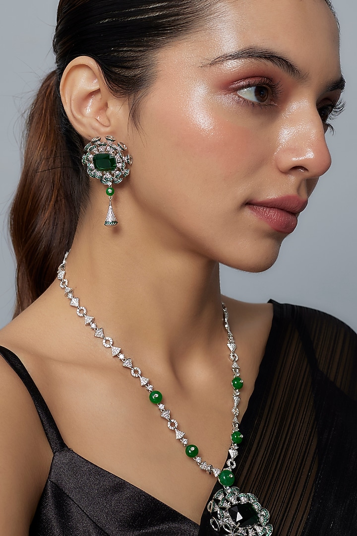 White Finish Zircon & Emerald Synthetic Stone Long Necklace Set by Vivinia By Vidhi Mehra at Pernia's Pop Up Shop