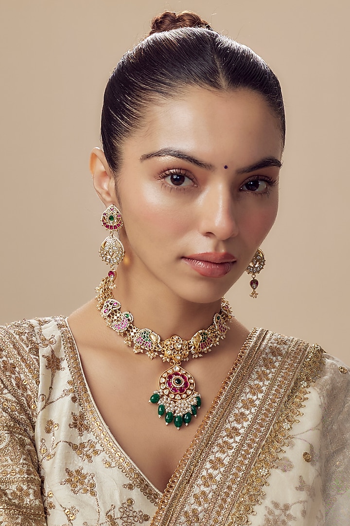 Gold Finish Kundan Polki & Red Stone Choker Necklace Set by Vivinia By Vidhi Mehra at Pernia's Pop Up Shop