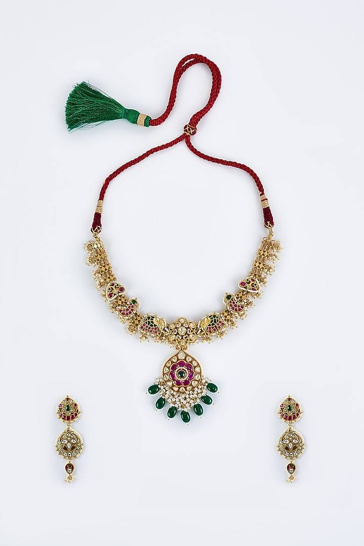 Gold Finish Kundan Polki & Red Stone Choker Necklace Set by Vivinia By Vidhi Mehra at Pernia's Pop Up Shop