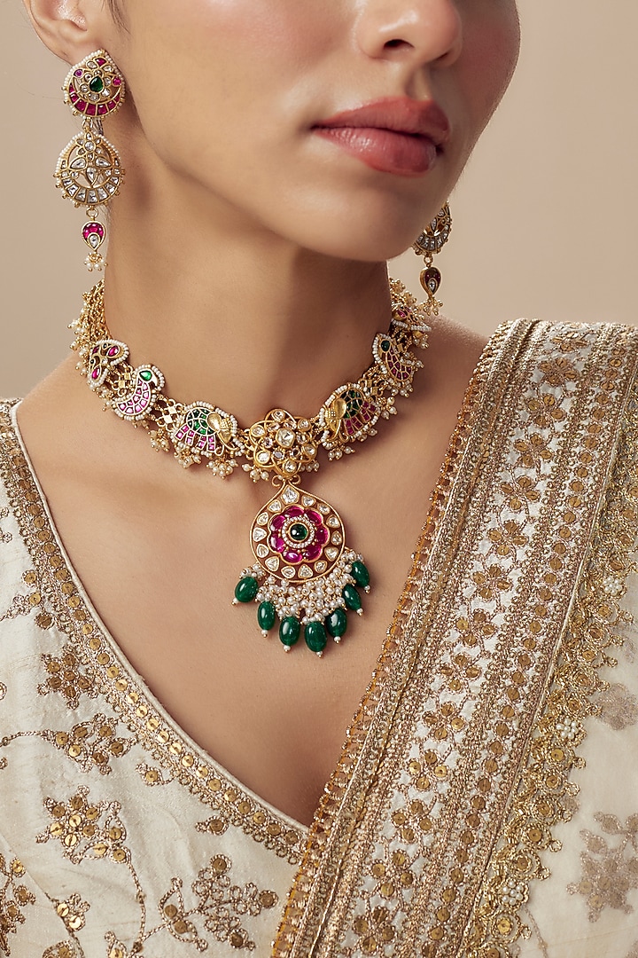 Gold Finish Kundan Polki & Red Stone Choker Necklace Set by Vivinia By Vidhi Mehra at Pernia's Pop Up Shop