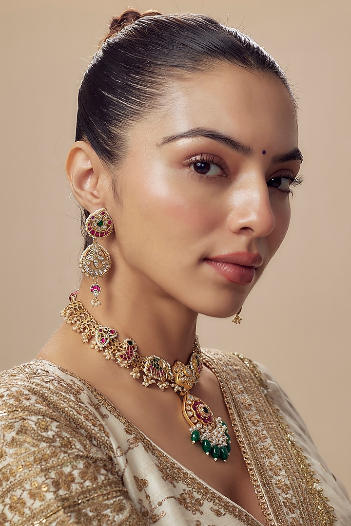 Gold Finish Kundan Polki & Red Stone Choker Necklace Set by Vivinia By Vidhi Mehra at Pernia's Pop Up Shop