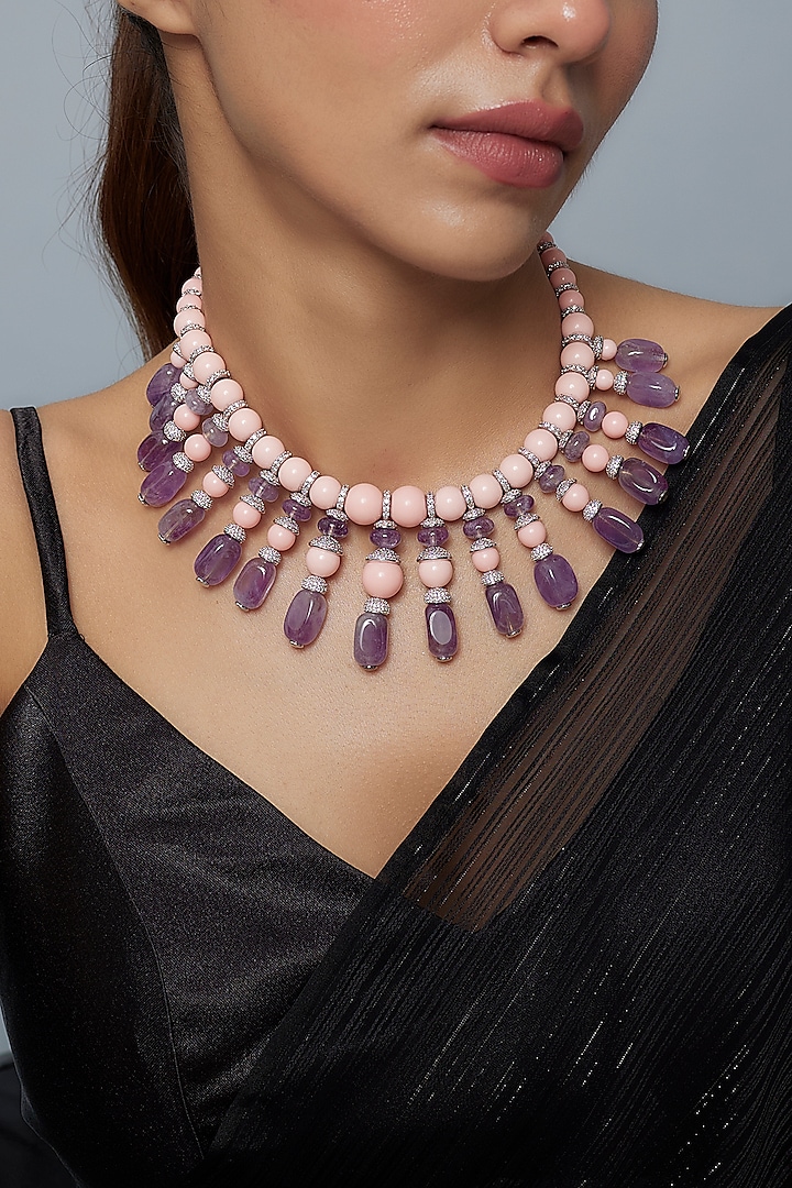 White Finish Pearl & Purple Diamond Necklace by Vivinia By Vidhi Mehra at Pernia's Pop Up Shop