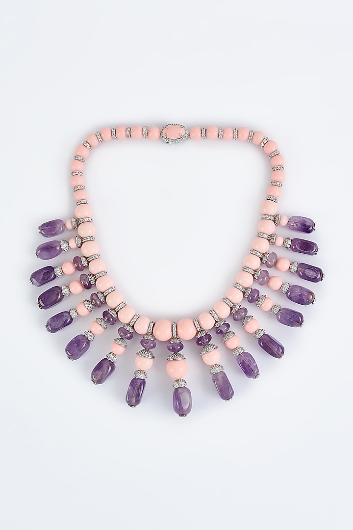 White Finish Pearl & Purple Diamond Necklace by Vivinia By Vidhi Mehra at Pernia's Pop Up Shop