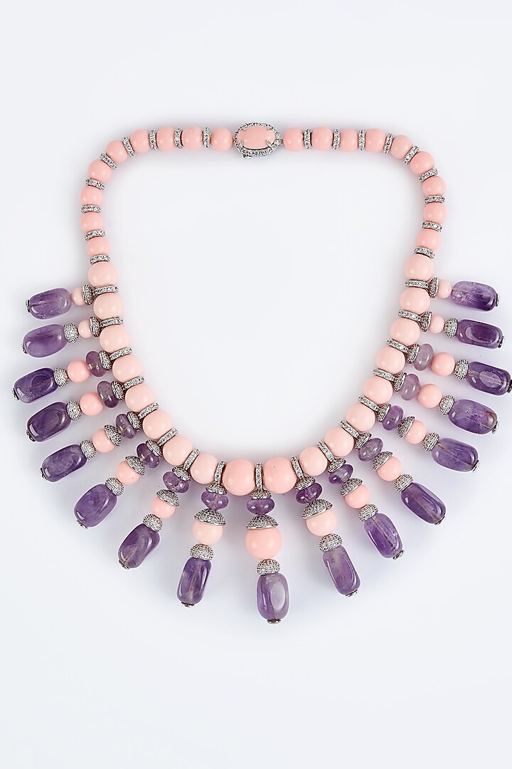 White Finish Pearl & Purple Diamond Necklace by Vivinia By Vidhi Mehra at Pernia's Pop Up Shop
