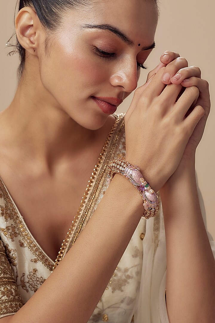 Gold Finish Kundan Polki Bangle by Vivinia By Vidhi Mehra at Pernia's Pop Up Shop