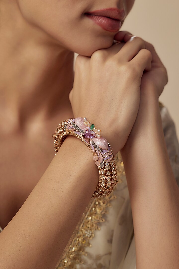 Gold Finish Kundan Polki Bangle by Vivinia By Vidhi Mehra at Pernia's Pop Up Shop