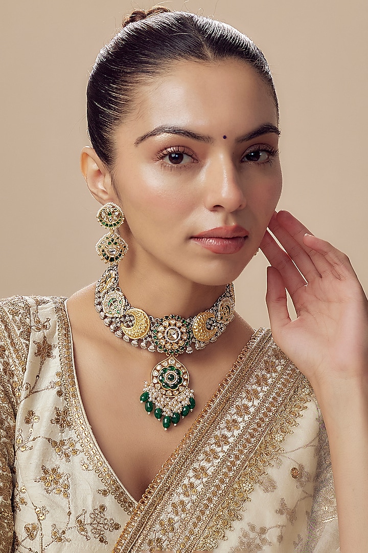 Gold Finish Kundan Polki & Multi-Colored Stone Necklace Set by Vivinia By Vidhi Mehra at Pernia's Pop Up Shop