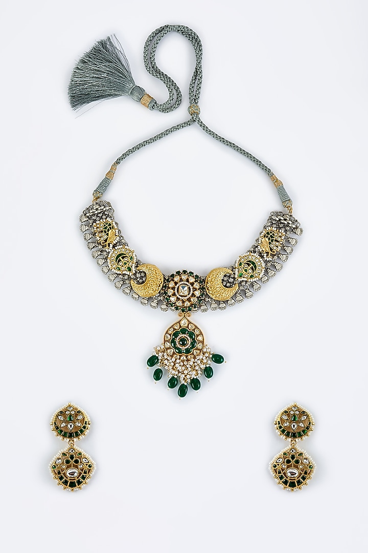 Gold Finish Kundan Polki & Multi-Colored Stone Necklace Set by Vivinia By Vidhi Mehra at Pernia's Pop Up Shop