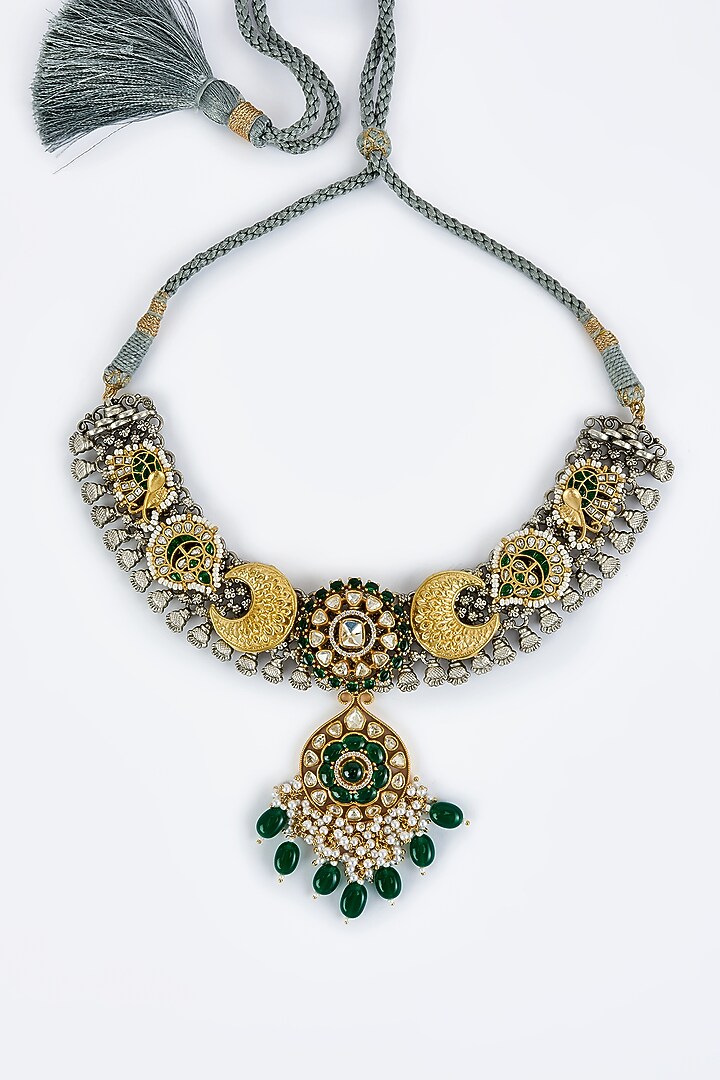 Gold Finish Kundan Polki & Multi-Colored Stone Necklace Set by Vivinia By Vidhi Mehra at Pernia's Pop Up Shop