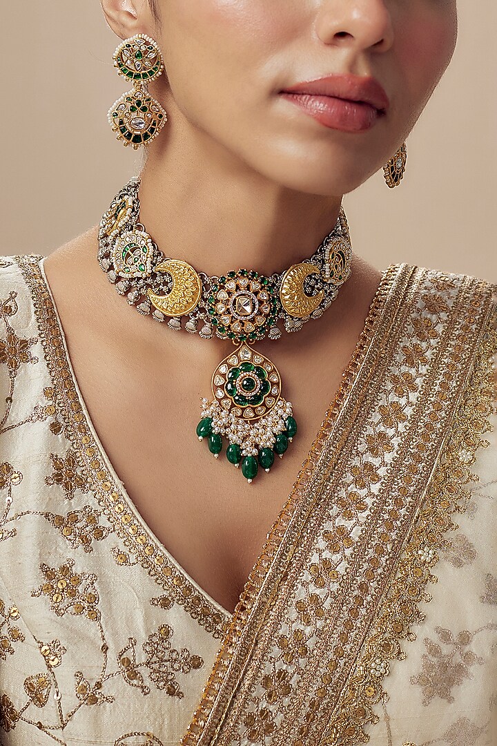 Gold Finish Kundan Polki & Multi-Colored Stone Necklace Set by Vivinia By Vidhi Mehra at Pernia's Pop Up Shop