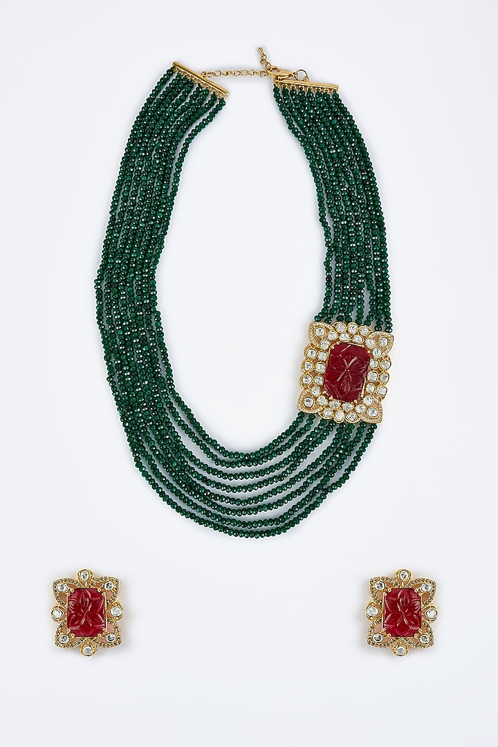 Gold Finish Kundan Polki & Green Beaded Layered Necklace Set by Vivinia By Vidhi Mehra at Pernia's Pop Up Shop