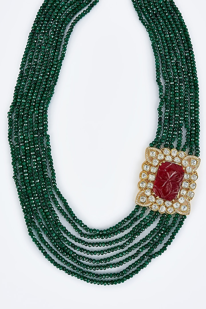 Gold Finish Kundan Polki & Green Beaded Layered Necklace Set by Vivinia By Vidhi Mehra at Pernia's Pop Up Shop