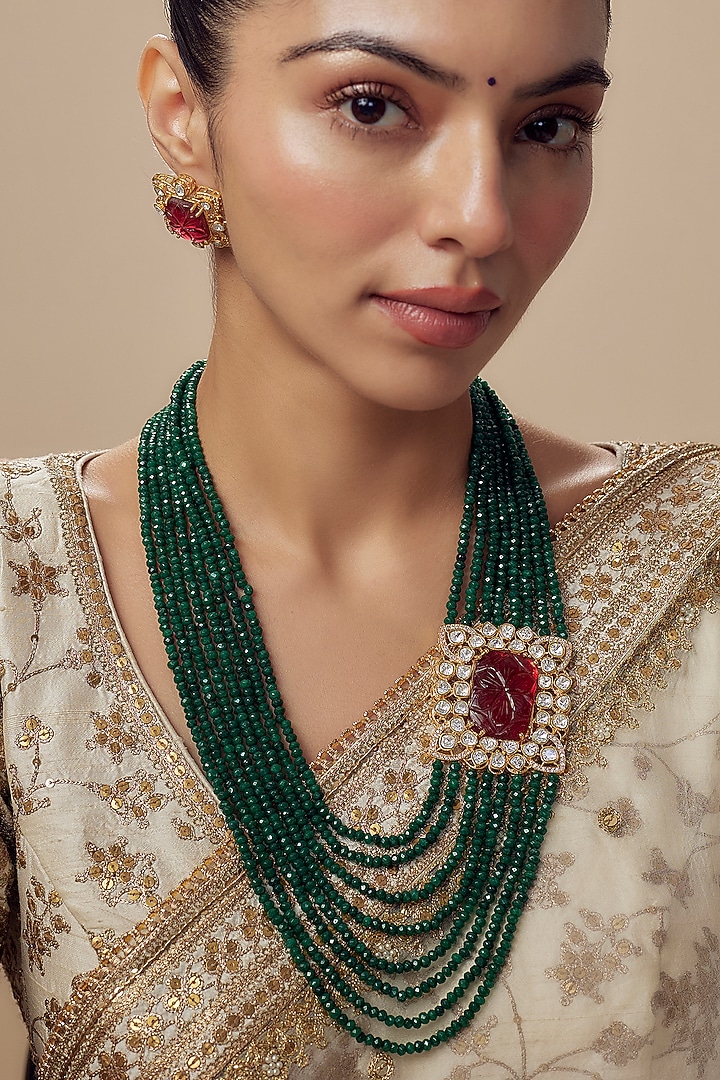 Gold Finish Kundan Polki & Green Beaded Layered Necklace Set by Vivinia By Vidhi Mehra at Pernia's Pop Up Shop