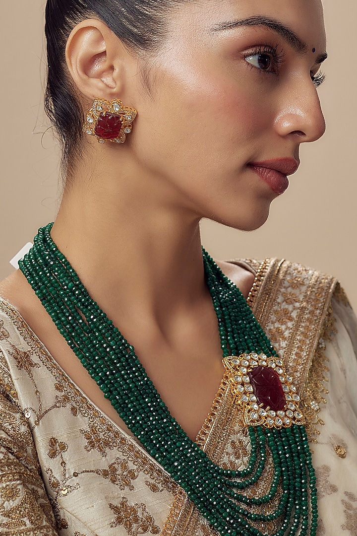 Gold Finish Kundan Polki & Green Beaded Layered Necklace Set by Vivinia By Vidhi Mehra at Pernia's Pop Up Shop
