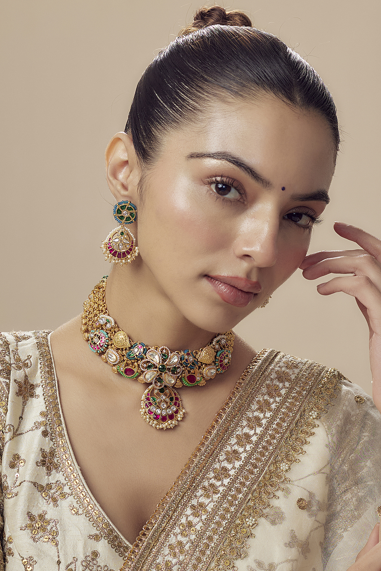 Gold Finish Kundan Polki Multi Colored Stone Choker Necklace Set by Vivinia By Vidhi Mehra at Pernia s Pop Up Shop 2024