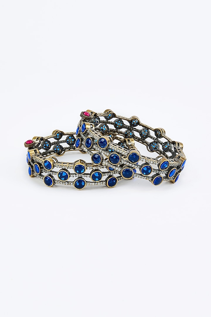 Gold Finish Blue Diamond Beaded Bangles (Set Of 2) by Vivinia By Vidhi Mehra at Pernia's Pop Up Shop
