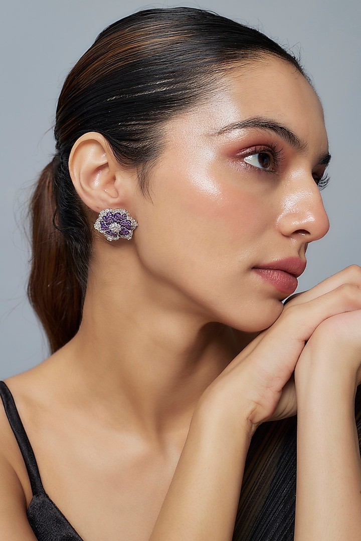 White Finish Zircon & Purple Stone Stud Earrings by Vivinia By Vidhi Mehra at Pernia's Pop Up Shop