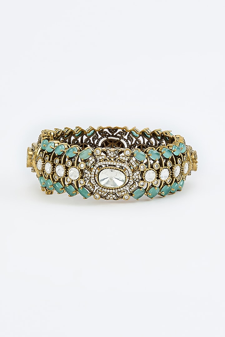 Gold Finish Zircon & Aqua Stone Bangle by Vivinia By Vidhi Mehra at Pernia's Pop Up Shop