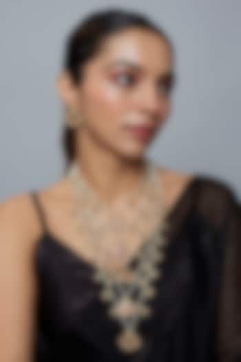 Gold Finish Kundan Polki & Beaded Layered Necklace Set by Vivinia By Vidhi Mehra at Pernia's Pop Up Shop