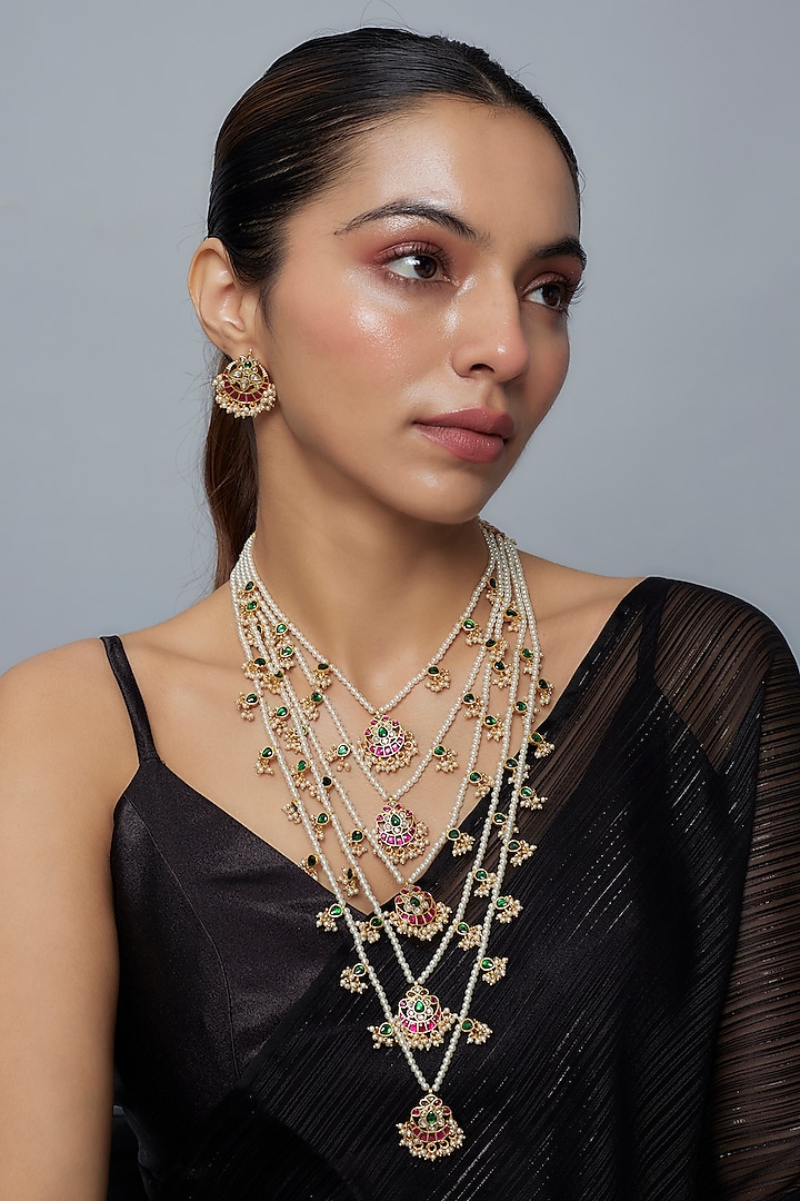 Gold Finish Kundan Polki & Beaded Layered Necklace Set by Vivinia By Vidhi Mehra at Pernia's Pop Up Shop