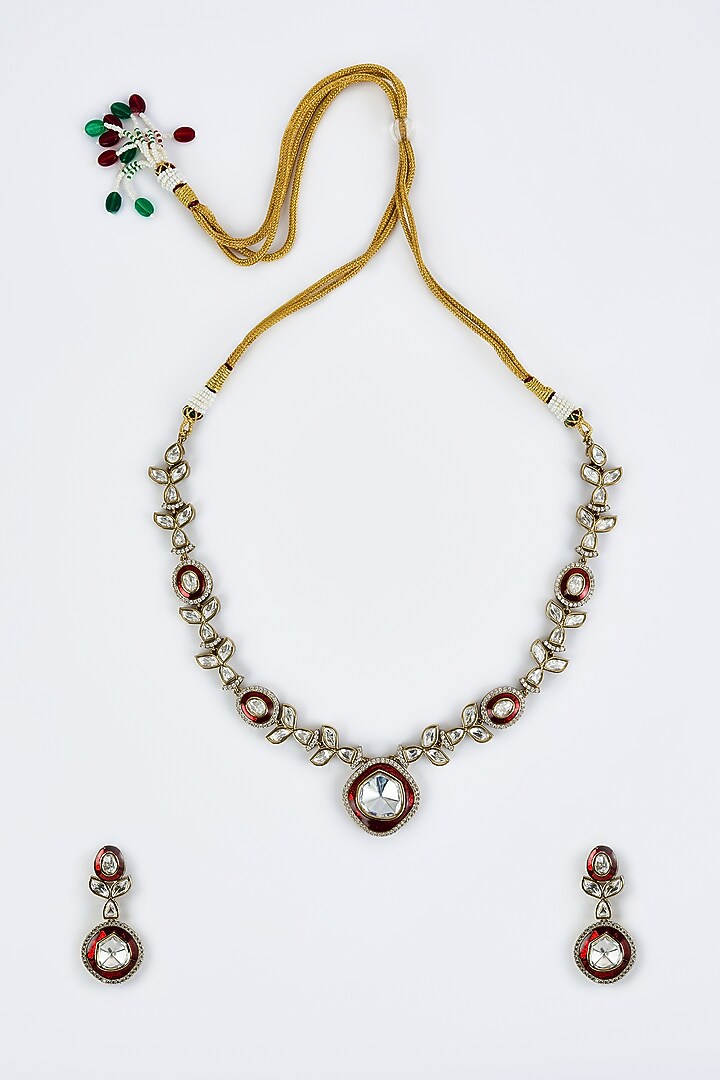 Gold Finish Kundan Polki & Red Stone Long Necklace Set by Vivinia By Vidhi Mehra at Pernia's Pop Up Shop