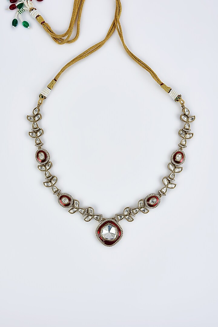 Gold Finish Kundan Polki & Red Stone Long Necklace Set by Vivinia By Vidhi Mehra at Pernia's Pop Up Shop