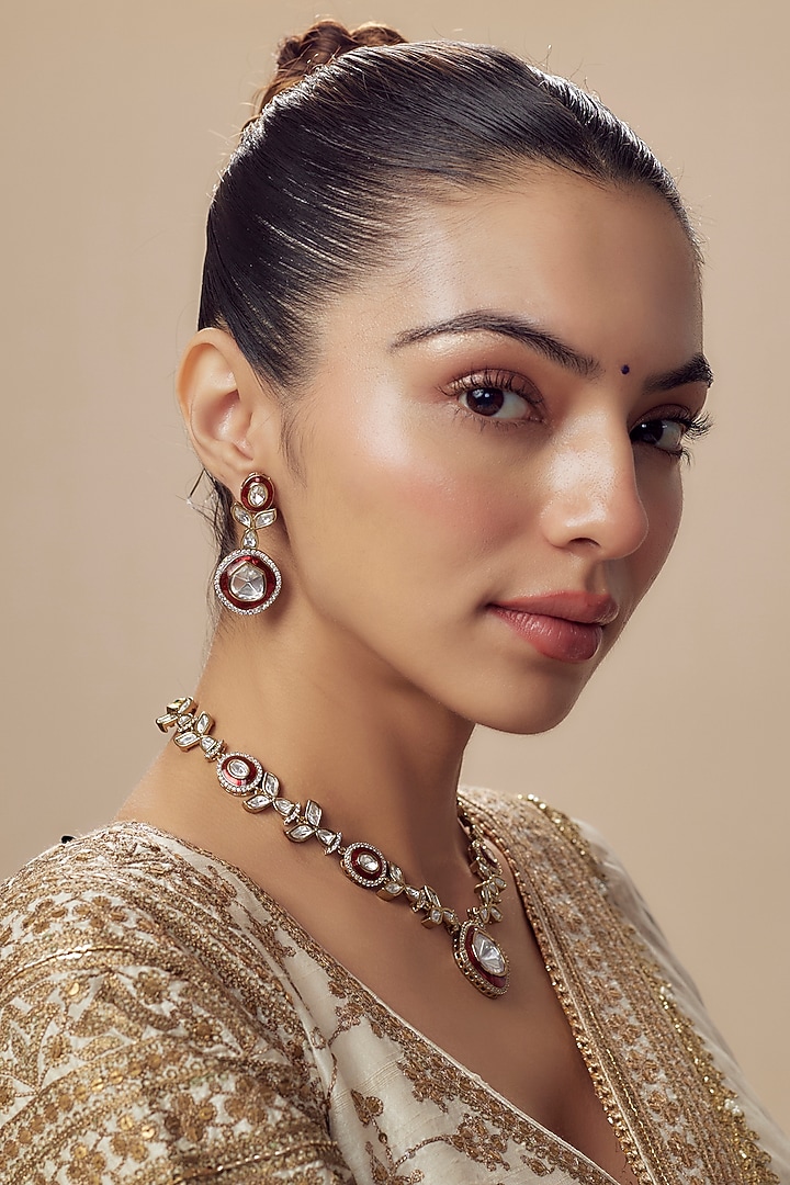 Gold Finish Kundan Polki & Red Stone Long Necklace Set by Vivinia By Vidhi Mehra at Pernia's Pop Up Shop