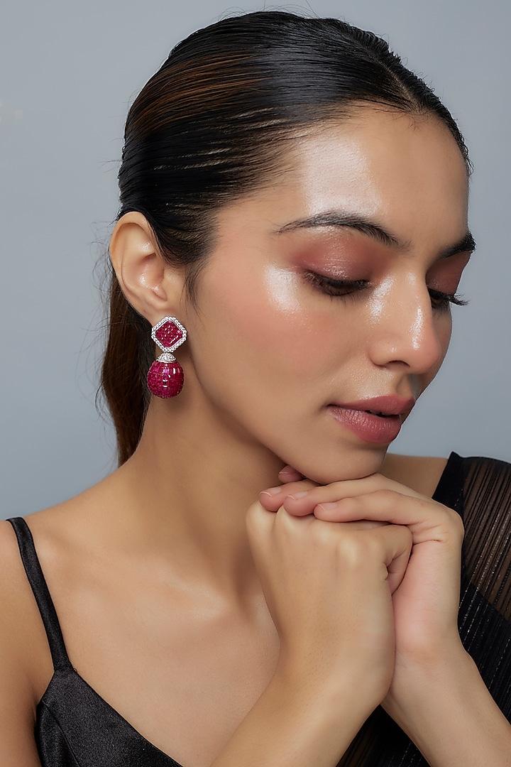 White Finish Zircon & Red Stone Dangler Earrings by Vivinia By Vidhi Mehra at Pernia's Pop Up Shop