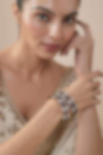 Gold Finish Kundan Polki & Turquoise Stone Bangles (Set Of 2) by Vivinia By Vidhi Mehra at Pernia's Pop Up Shop