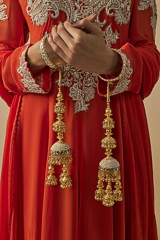 Gold Finish Kundan Polki & Pearl Strand Kaleeras (Set Of 2) by Vivinia By Vidhi Mehra