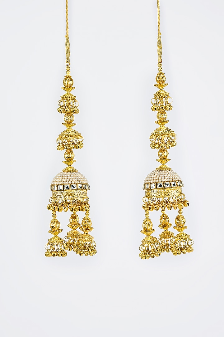 Gold Finish Kundan Polki & Pearl Strand Kaleeras (Set Of 2) by Vivinia By Vidhi Mehra at Pernia's Pop Up Shop