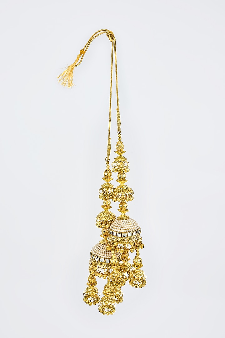Gold Finish Kundan Polki & Pearl Strand Kaleeras (Set Of 2) by Vivinia By Vidhi Mehra at Pernia's Pop Up Shop