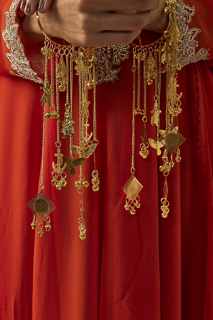 Gold Finish Kundan Polki & Pearl Strand Kaleeras (Set Of 2) by Vivinia By Vidhi Mehra at Pernia's Pop Up Shop