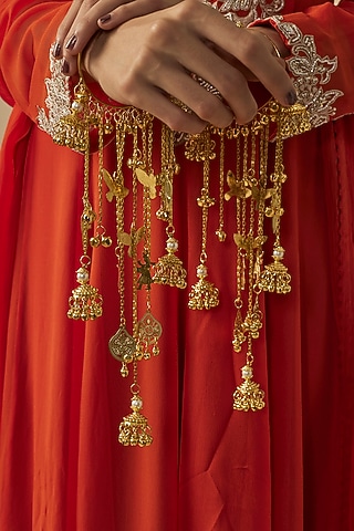 Gold Finish Kundan Polki & Pearl Strand Kaleeras (Set Of 2) by Vivinia By Vidhi Mehra