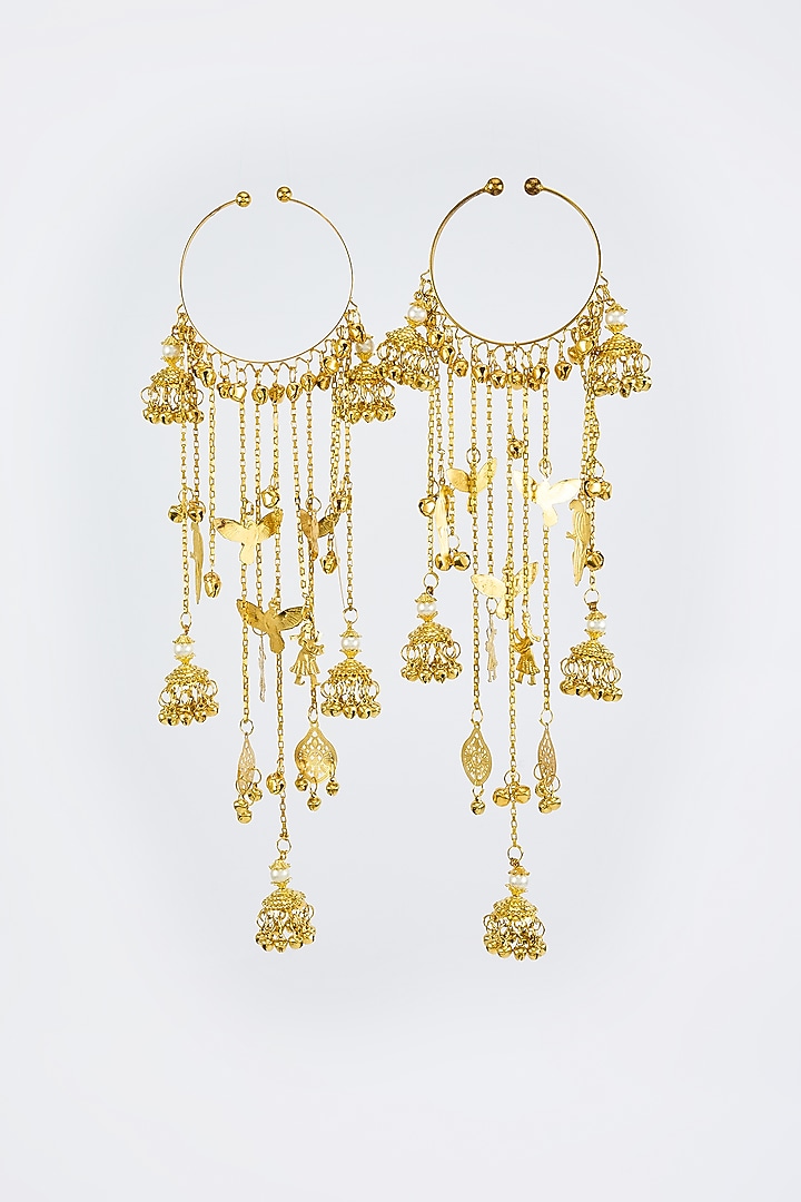 Gold Finish Kundan Polki & Pearl Strand Kaleeras (Set Of 2) by Vivinia By Vidhi Mehra at Pernia's Pop Up Shop