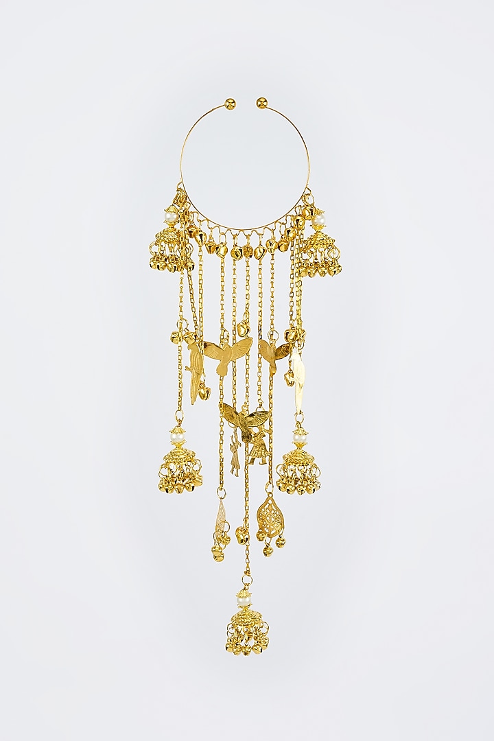 Gold Finish Kundan Polki & Pearl Strand Kaleeras (Set Of 2) by Vivinia By Vidhi Mehra at Pernia's Pop Up Shop