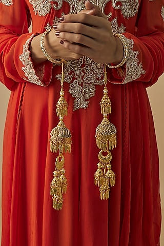 Gold Finish Kundan Polki & Pearl Strand Tying Kaleeras (Set Of 2) by Vivinia By Vidhi Mehra