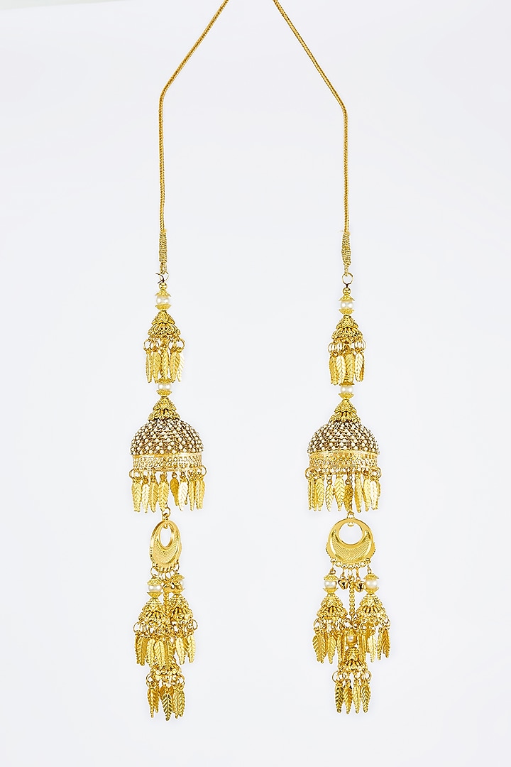 Gold Finish Kundan Polki & Pearl Strand Tying Kaleeras (Set Of 2) by Vivinia By Vidhi Mehra at Pernia's Pop Up Shop